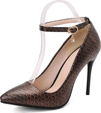 Generic Womens Ankle Strap Dress Pumps with Buckle Pointed Toe PU Leather Court Shoes Stiletto High Heel Evening Party Prom Shoes,Brown,10.5 UK