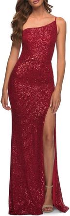 La Femme Simple One Shoulder Long Sequin Evening Gown in Red at Nordstrom, Size 14