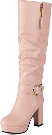 Generic Womens PU Leather Slouch Long Boots with Side Zipper Round Toe Knee High Boots Chunky High Heel Platform Boot with Buckle,Pink,4.5 UK