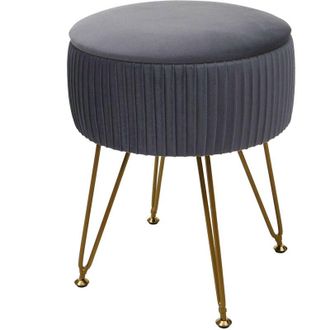 Hhg Taburete 405, taburete con compartimento, ø 33cm, aspecto aterciopelado, gris claro, marco dorado