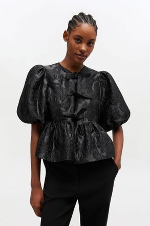 Ganni Satin Peplum Tie Blouse - Size 34 Black