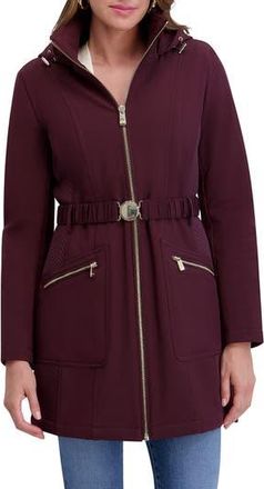 Kensie Soft Shelled Hooded Belted Zip-Up Coat in Burgundy at Nordstrom Rack, Size X-Large