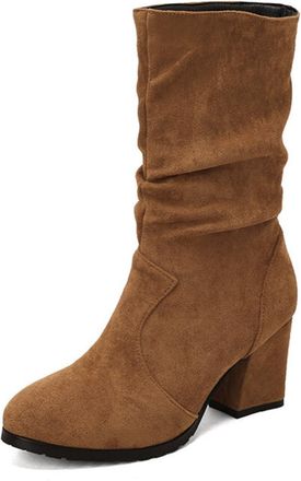 Generic Womens Slouchy Mid Calf Boots Suede Chunky Block Heel Round Toe Slip On Comfortable Non Slip Durable Stylish for Daily Office Casual Wear,Brown,6.5 UK