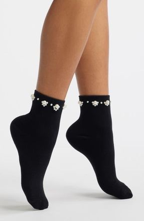 Stems Faux Pearl Embellished Quarter Socks in Black at Nordstrom