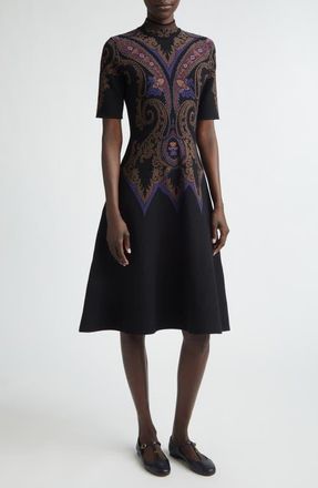 Etro Mock Neck Jacquard Fit & Flare Sweater Dress in Dark Blue at Nordstrom, Size 42