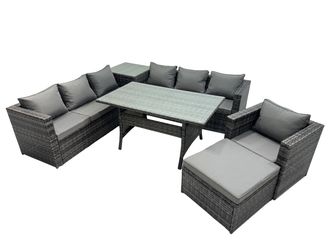 Fimous 8 Seater Garden Rattan Furniture Set with Side Table Big Stool in Dark Grey