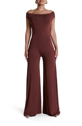 Naked Wardrobe Smooth Off the Shoulder Wide Leg Jumpsuit in Pecan Brown at Nordstrom, Size X-Large