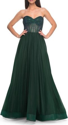 La Femme A-Line Tulle Prom Dress with Rhinestone Fishnet Bodice in Dark Emerald at Nordstrom, Size 00