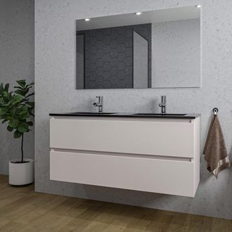 Saniclass Chaci Badkamermeubelset - 120x46x55cm - keramische wastafel zwart - 2 wasbakken - 2 kraangaten - 2 lades - rechthoekige spiegel - mat cotton (beige)