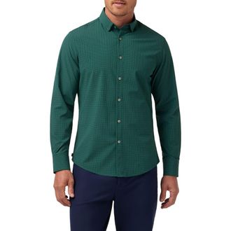 Mizzen+Main Leeward Trim Fit Dark Green Check No Tuck Stretch Button-Up Shirt in Dark Sea Noah Tattersall at Nordstrom, Size Xx-Large