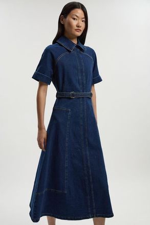 Karen Millen Petite Stretch Denim Tab Belt Midi Dress in Mid Wash at Nordstrom, Size 12P
