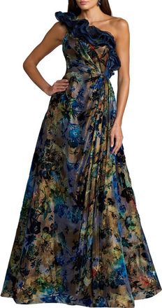 Mac Duggal Floral One Shoulder Burnout Velvet Gown in Black Multi at Nordstrom, Size 10