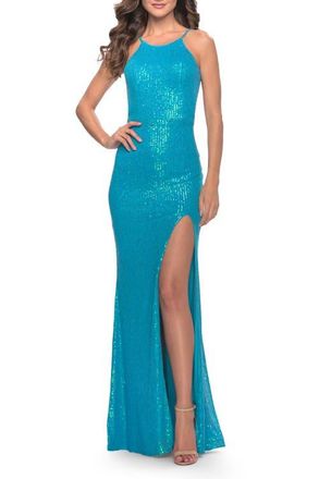La Femme High Neck Long Sequin Gown with Open Back in Aqua at Nordstrom, Size 8