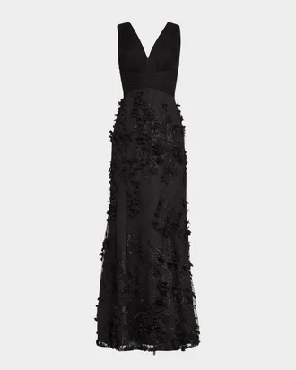 Aidan Mattox Embroidered Floral Applique Gown