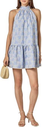 English Factory Embroidered Stripe Sleeveless Ruffle Hem Dress in Blue Stripe at Nordstrom, Size X-Small