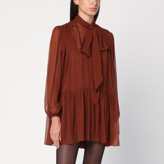 Saint Laurent Rust-colored lavallière silk dress