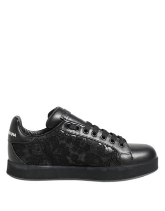 Dolce & Gabbana Zwarte Bloemige Kanten Lage Sneakerschoenen