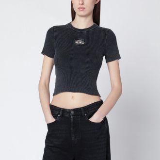 Diesel T-shirt cropped nera slavata con Oval D metallico