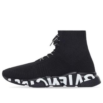 Balenciaga Speed Lace Up Sneakers Black Recycled Knit with Black and White Grafffiti Sole Unit 617251W2DB71006