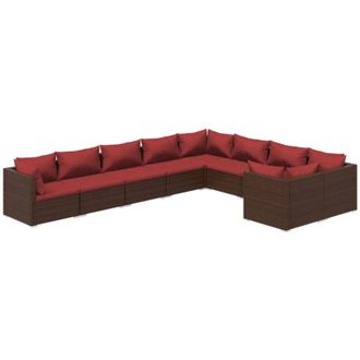 vidaXL Set Muebles De Jard&iacute;n 9 Piezas Y Cojines Rat&aacute;n Sint&eacute;tico Marr&oacute;n Vidaxl