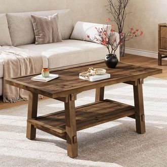 Tribesigns Tribesigns Solid Wood Coffee Table, 47-Inch Rustic Coffee Table for Living Room, 2-Tier Wood Farmhouse Rectangle Center Table with Storage, Vintage