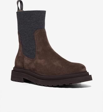 Brunello Cucinelli Chelsea-Stiefeletten aus Wildleder und Strick Monile
