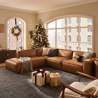 Castlery Brown Top Grain Leather Extended Left Side Chaise Sectional for Living Room, Modern Modular Seating, Castlery