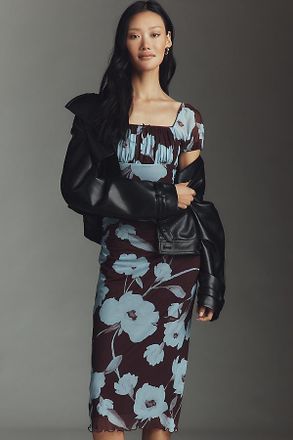 Maeve Puff-Sleeve Square-Neck Mesh Midi Dress