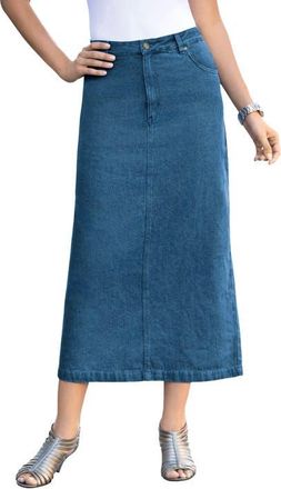 Jessica London Classic Cotton Denim Midi Skirt in Medium Stonewash at Nordstrom, Size 26