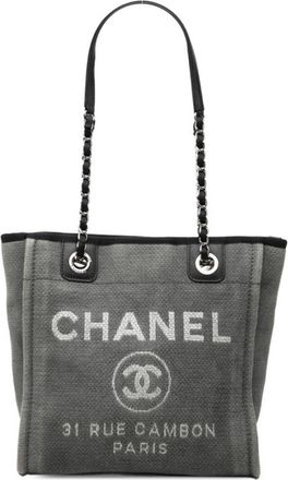 Chanel Black Gray Canvas Leather Shoulder Bag Tote Bag (Pre-Owned)