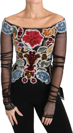 Dolce & Gabbana Womens Black Floral Ricamo Top T-Shirt Blouse Cotton