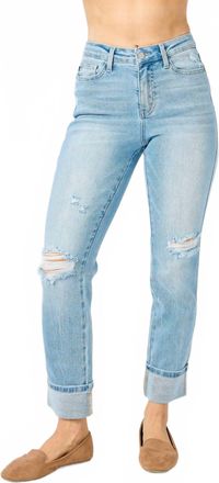 Judy Blue Mid Rise Americana Star Pocket Cuffed Boyfriend Jeans In Blue