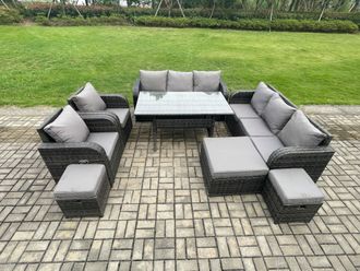 Fimous Outdoor Garden Patio Furniture Wicker Rattan Oblong Rectangular Dining Table & Lounge Sofa set with Adjustable Chair 3 Footstool in Dark Grey