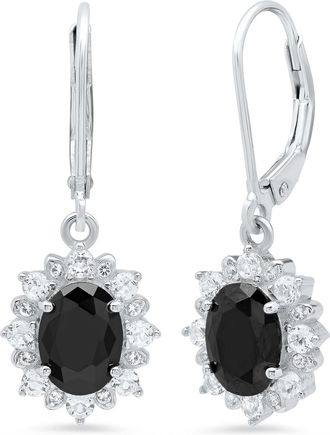 MAX + STONE Sterling Silver Halo Sunburst Oval Gemstone Leverback Earrings with White Topaz Accent