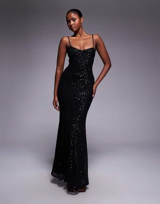 Asos Vestito lungo nero in paillettes con decorazione a griglia e allacciatura-Marrone