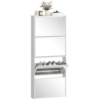 OEM Zapatero Estrecho Con Espejo Y 4 Puertas Abatibles Para 12 Pares De Zapatos 63x17x146 Cm Blanco
