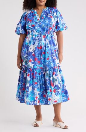 Sugarlips Floral Ginny Puff Sleeve Tiered Cotton Midi Dress in Cream-Blue at Nordstrom, Size 3X