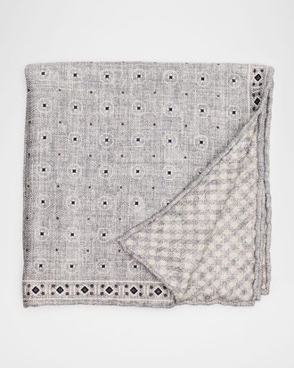 Brunello Cucinelli Men & apos;s Double-Face Geometric-Check Silk Pocket Square