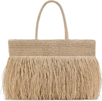Mango Natural Fiber Shoulder Bag with Fringe in Beige at Nordstrom