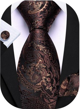 Barry.Wang Brown Tie Mens Silk Floral Necktie Pocket Square Cufflinks Set Wedding Prom