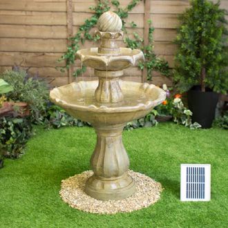 PRIMROSE Solar Powered Imperial Water Fountain Cream Tiered with Lights 92cm in Beige