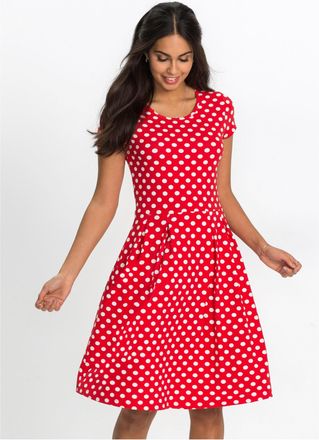 Bonprix Jerseykleid BONPRIX Jerseykleid aus Viskose-Mix, Damen, Gr. 34, N-Gr, erdbeere, wei&szlig; gepunktet, Obermaterial: 95% Viskose, 5% Elasthan, ausgestellt, K