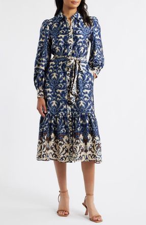 Julia Jordan Print Tie Waist Midi Shirtdress in Navy Multi at Nordstrom, Size 14