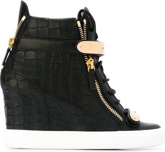 Giuseppe Zanotti crocodile effect hi-top wedge sneakers - women - Leather/Metal/Calf Leather/Rubber - 36 - Black