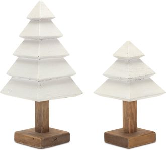 Melrose International Tiered Wood Pine Tree (Set of 2) - White; Brown