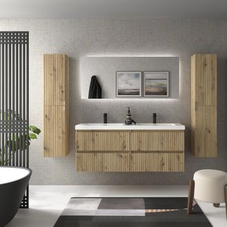 Cygnus Bath Mueble De Ba&ntilde;o Kira 140cm Roble 4 Cajones Lavabo Toscana 2 Pozas Carga Mineral