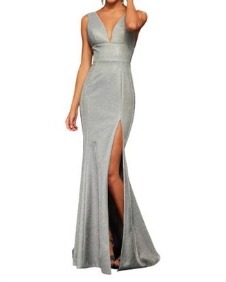 Sherri Hill Glitter Stretch Prom Dress In Electric Silver