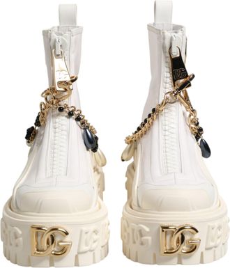 Dolce & Gabbana White Leather Rubber Logo Ankle Boots Womens Shoes