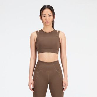New Balance Womens Shape Shield Crop Bra in Brown Poly Knit, size X-Small
