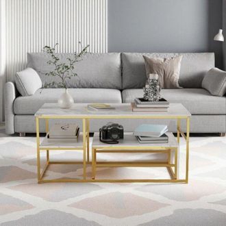 OEM Mesa Baja - M&aacute;rmol Blanco - Nido - Metal Dorado - 105x52x48.5cm